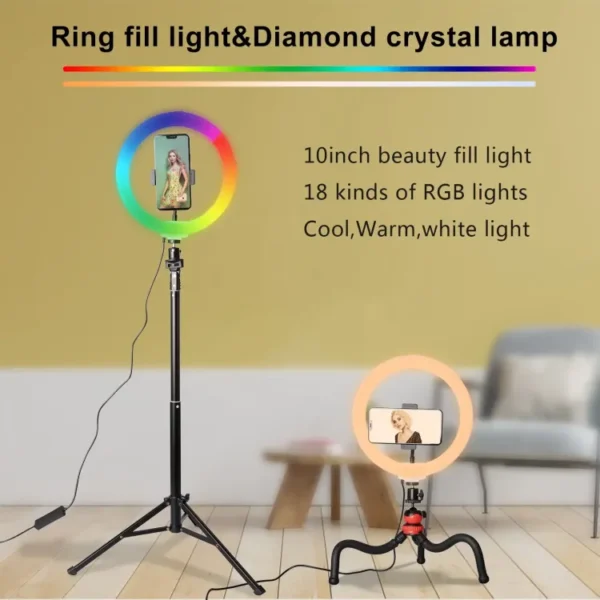 Round Ring Light | RDB Multi color and modes Diamond Crystal Lamp Ring and simple ring | Dual side Transparent multi colors light multiple mode RGB Ring light | Stand is not included - Image 2