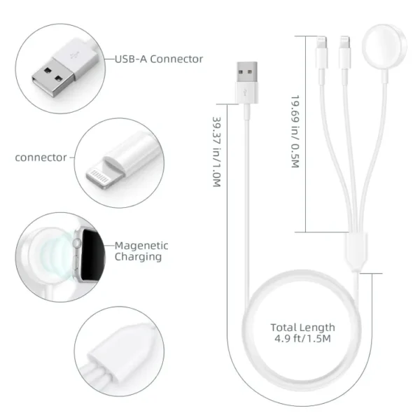 Wireless Watch Charger Cable Compatible for Apple Watch Series 8 7 6 5 4 3 2 1 SE1 SE2, 4.9ft Watch Charging 3 in 1 Portable Phone and Watch Charger for Phone - Image 3