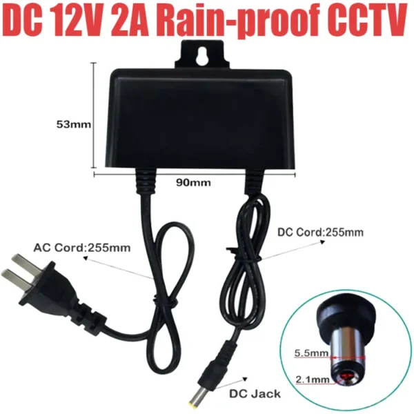 AC/DC 12V 2A Power Supply for CCTV Camera Outdoor Waterproof Plug Adapter Charger for Surveillance Cameras - Image 4