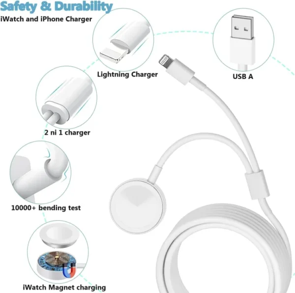 2 in 1 iPhone and Watch Charger Cable (1m) Magnetic iWatch Charging Cable with USB Wall Charger Travel Plug for Apple Watch Series 9/8/7/6/SE/5/4/3/2/1 & iPhone 14/13/12/11/Pro/Max/X - Image 8