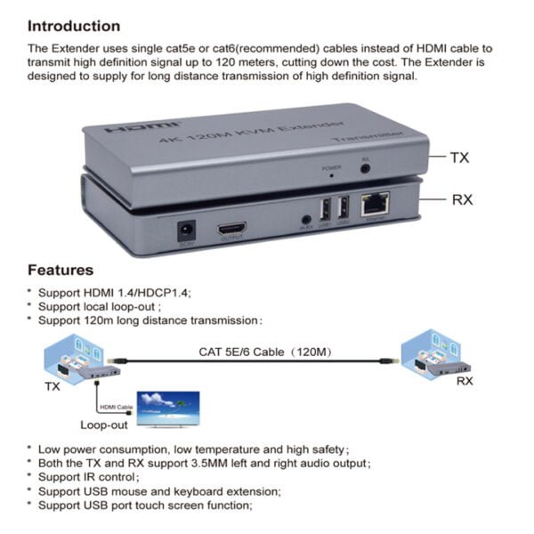 4K 120M HDMI KVM Extender over Cat5e/6 cable HDMI USB Ethernet Extender Transmit with Loop out IR Control Support Mouse Keyboard - Image 3