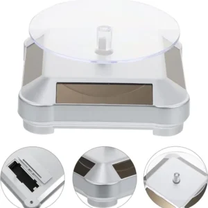 Silver rotating turntable stand with 360-degree motorized feature for showcasing items. Also functions as a cellphone holder and includes UV LED lights for rosin curing
