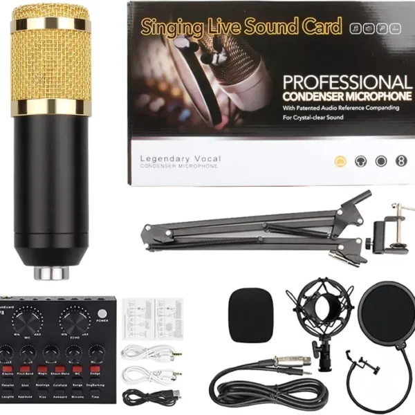 BM800 Condenser Microphone Set with V8 Audio Mixer, Sound Card, Microphone Stand, Double-Layer Pop Filter for Live Streaming, Gaming, Voice Recording, Singing on Smule, and Star Maker