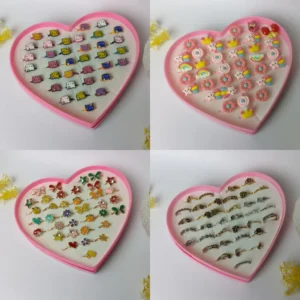 Multi-Piece Kids Cartoon Candy Rings Set - Flower, Rainbow, and Animal Shapes - Colorful Mix Jewelry Rings for Girls - Adjustable and Cute Pretend Play Makeup Toys - Perfect Gift for Girls