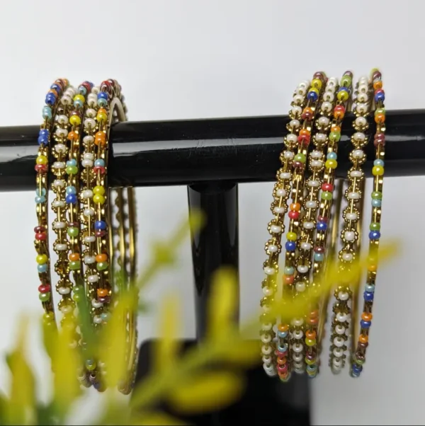 Stylish Gold-Plated Bangles with Colorful Pearls - Set of 12 Bangles for Women and Girls - Image 4