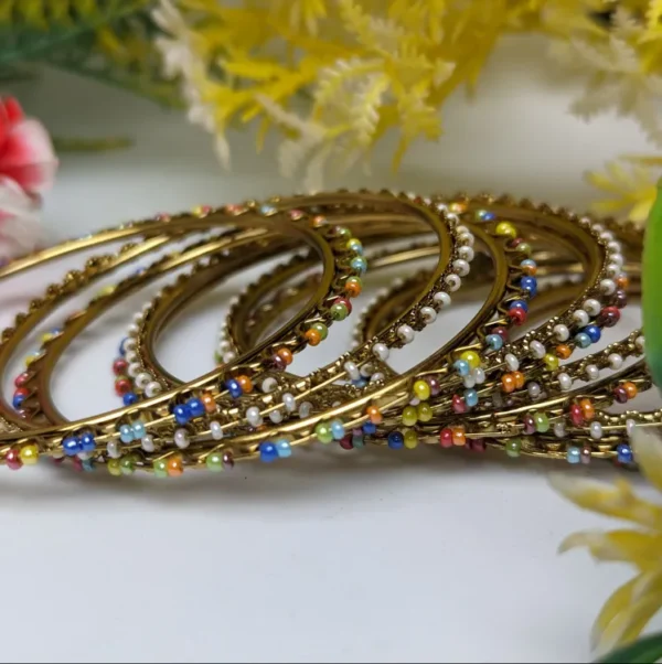 Stylish Gold-Plated Bangles with Colorful Pearls - Set of 12 Bangles for Women and Girls - Image 3