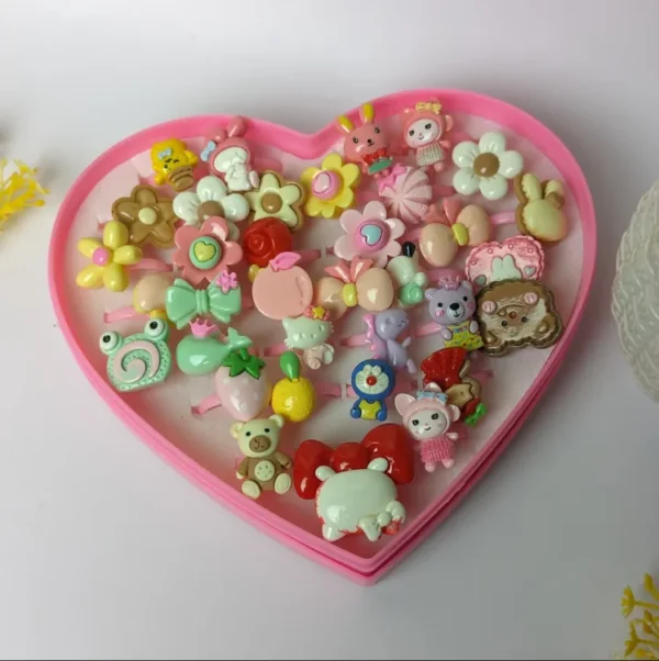 Multi-Piece Kids Cartoon Candy Rings Set - Flower, Rainbow, and Animal Shapes - Colorful Mix Jewelry Rings for Girls - Adjustable and Cute Pretend Play Makeup Toys - Perfect Gift for Girls - Image 7