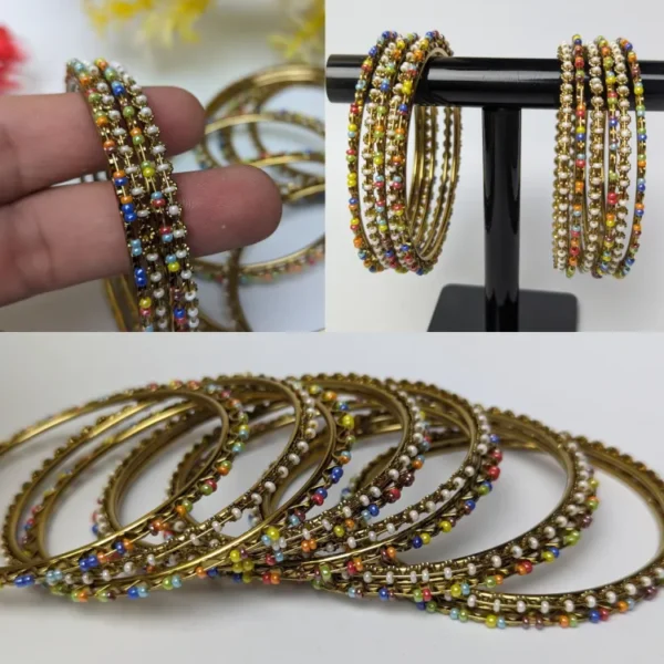 Stylish Gold-Plated Bangles with Colorful Pearls - Set of 12 Bangles for Women and Girls