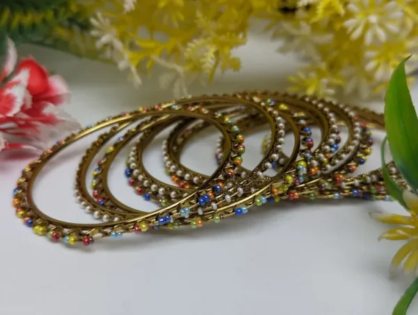 Stylish Gold-Plated Bangles with Colorful Pearls - Set of 12 Bangles for Women and Girls - Image 5