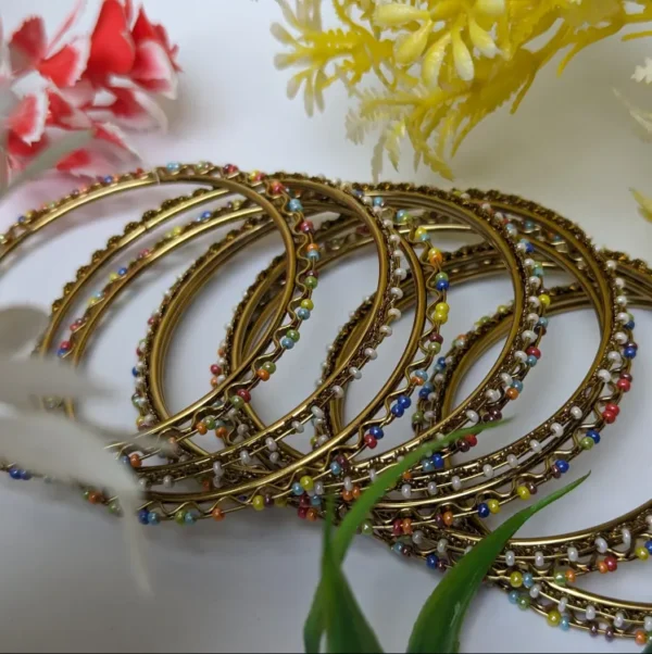 Stylish Gold-Plated Bangles with Colorful Pearls - Set of 12 Bangles for Women and Girls - Image 8