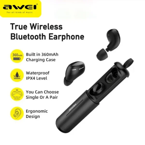 Awei T55 Wireless Bluetooth Earphones With Mic Wireless Headphones In-ear TWS Earbuds Waterproof IPX4 Sport Gaming Headset - Image 3