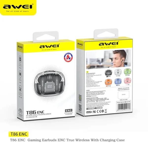 Awei T86 Wireless Bluetooth Earbuds: HiFi Stereo Headphones with ENC Noise Canceling, Digital Display Charging Case