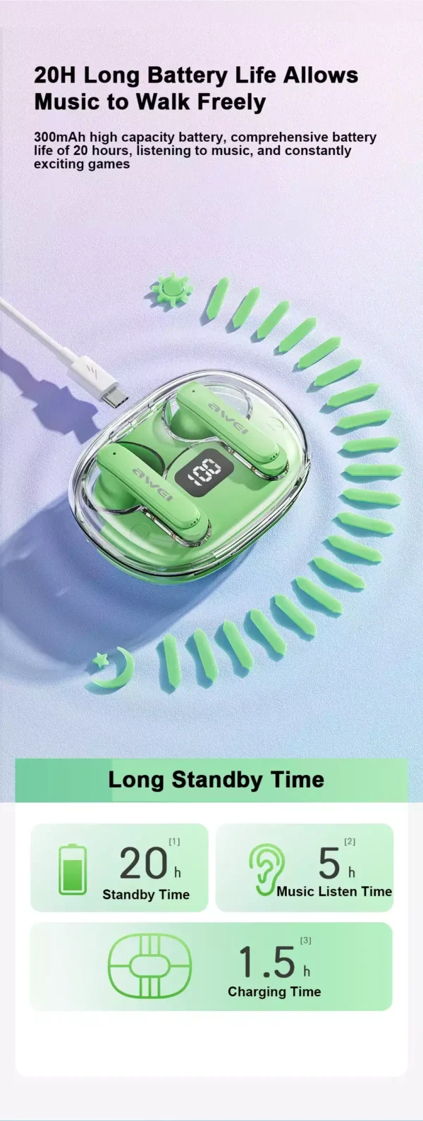 Awei T86 Wireless Bluetooth Earbuds: HiFi Stereo Headphones with ENC Noise Canceling, Digital Display Charging Case - Image 4