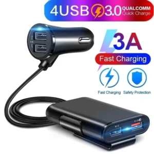 Quad USB QC Car Charger – 8A High-Speed Charging with Backseat Extension