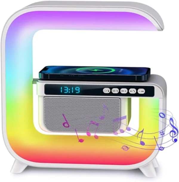 Wireless Speaker Lamp with Bluetooth Speaker, RGB Night Light, Sport Wireless Charging, and Alarm Clock for Bedroom Decoration.