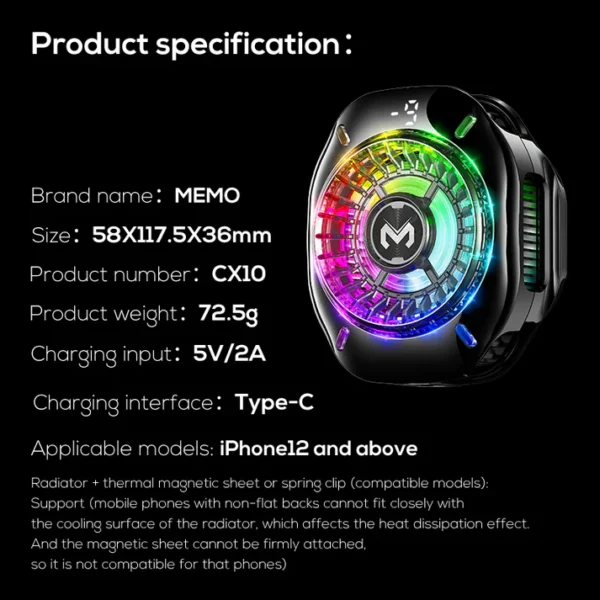 Memo CX10 RGB Pro Cooling Fan, Magnetic Clip RGB Lights Fast Cooling Radiator for PUBG Mobile gaming  (iPhone/Android) - Image 8