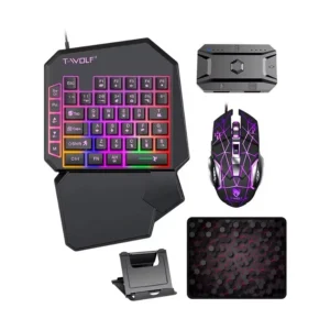 T-WOLF TF950 5-in-1 Gaming Combo – Wired Keyboard, Mouse, Mouse Pad, Converter & Phone Holder (Black)