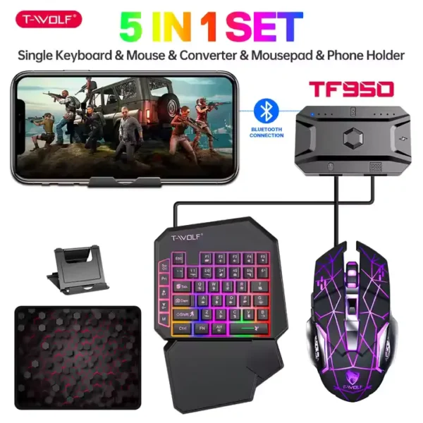 T-WOLF TF950 5-in-1 Gaming Combo – Wired Keyboard, Mouse, Mouse Pad, Converter & Phone Holder (Black) - Image 2